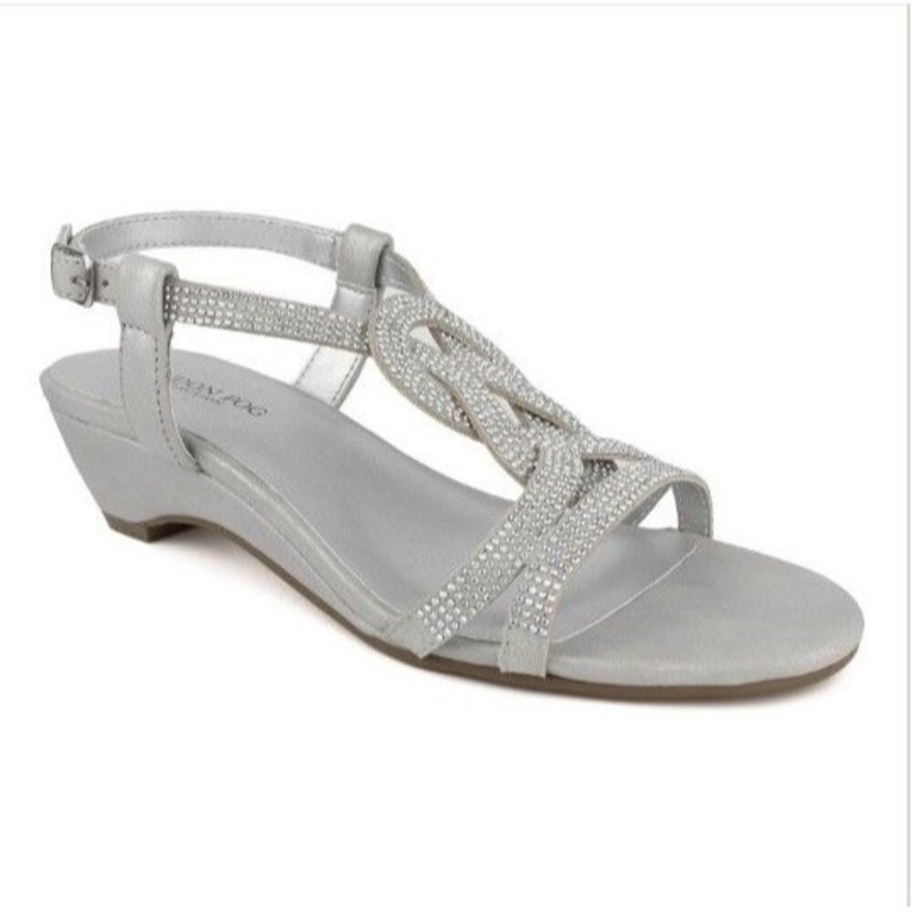 NEW! Women's London Fog Meadow Silver Strappy Rhinestone Wedge Sandals, Size 5M